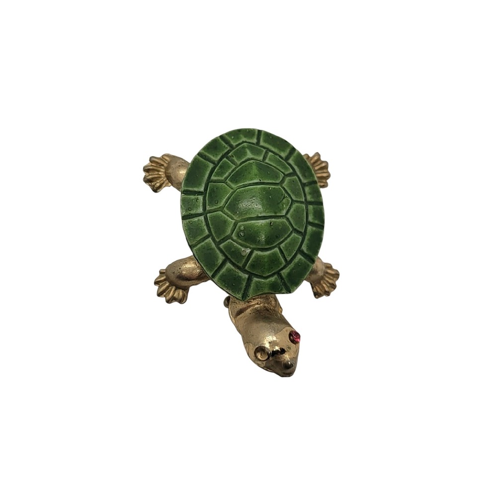 Vintage Gold Tone Green Enamel Turtle Brooch Pin Pink Rhinestone Eyes